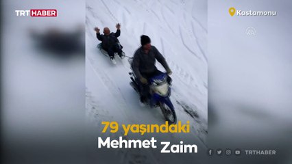 Mehmet dede motosikletli kızakla karın tadını çıkardı