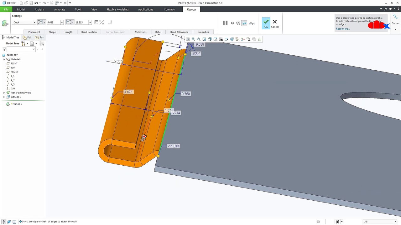 Creo Sheet metal tutorial - Sheet metal Bracket 1 in Creo Parametric