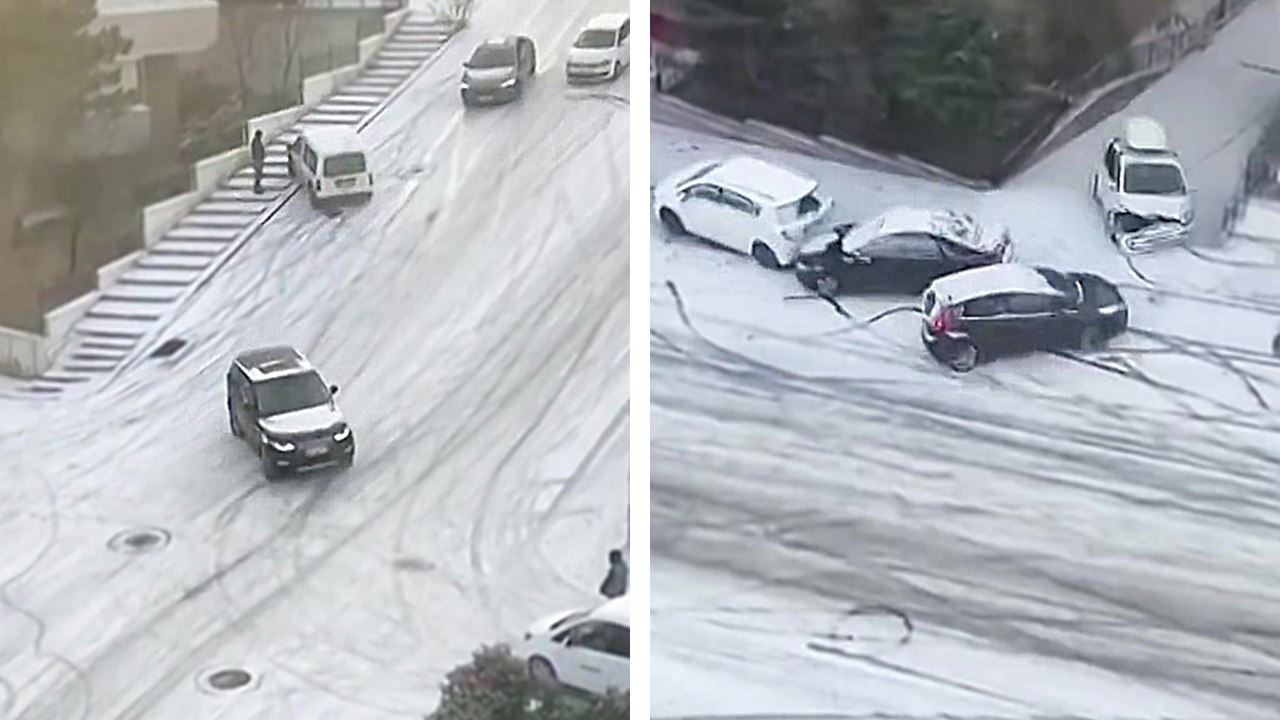 Des automobilistes roulent à fond sur une route enneigée en pente