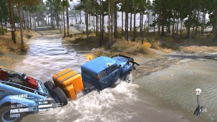 Truck crosses rivers and highlands in the middle of forests