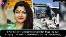 Khushbu Sundar, BJP Spokesperson With An Accident Near Melmaruvathur; Escapes Unhurt After Her Car Is Hit By A Trailer, Actor Shares Pictures Of Rammed Vehicle