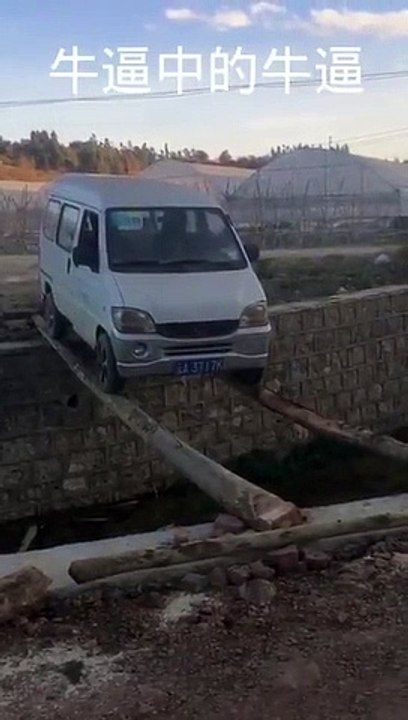 Une camionnette traverse sur deux troncs d'arbres