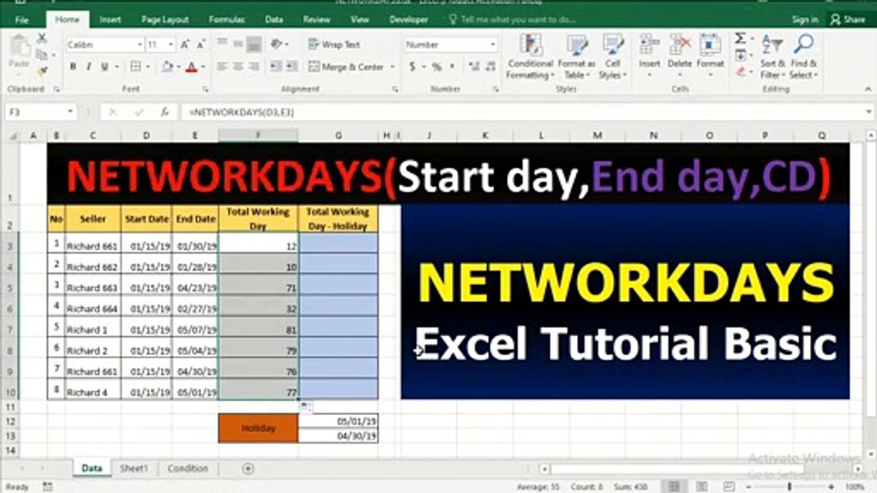 20. Excel Tutorial Basic - Function NETWORKDAYS