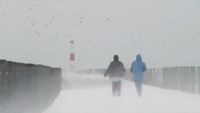Blustery snow batters New York beachgoers