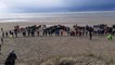 Le monde de la culture forme une chaîne humaine et le mot "vivant" sur la plage de Montmartin-sur-Mer