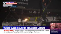 Vendée Globe: le skipper français Charlie Dalin à bord de son bateau Apivia franchit le premier la ligne d'arrivée aux Sables-d'Olonne