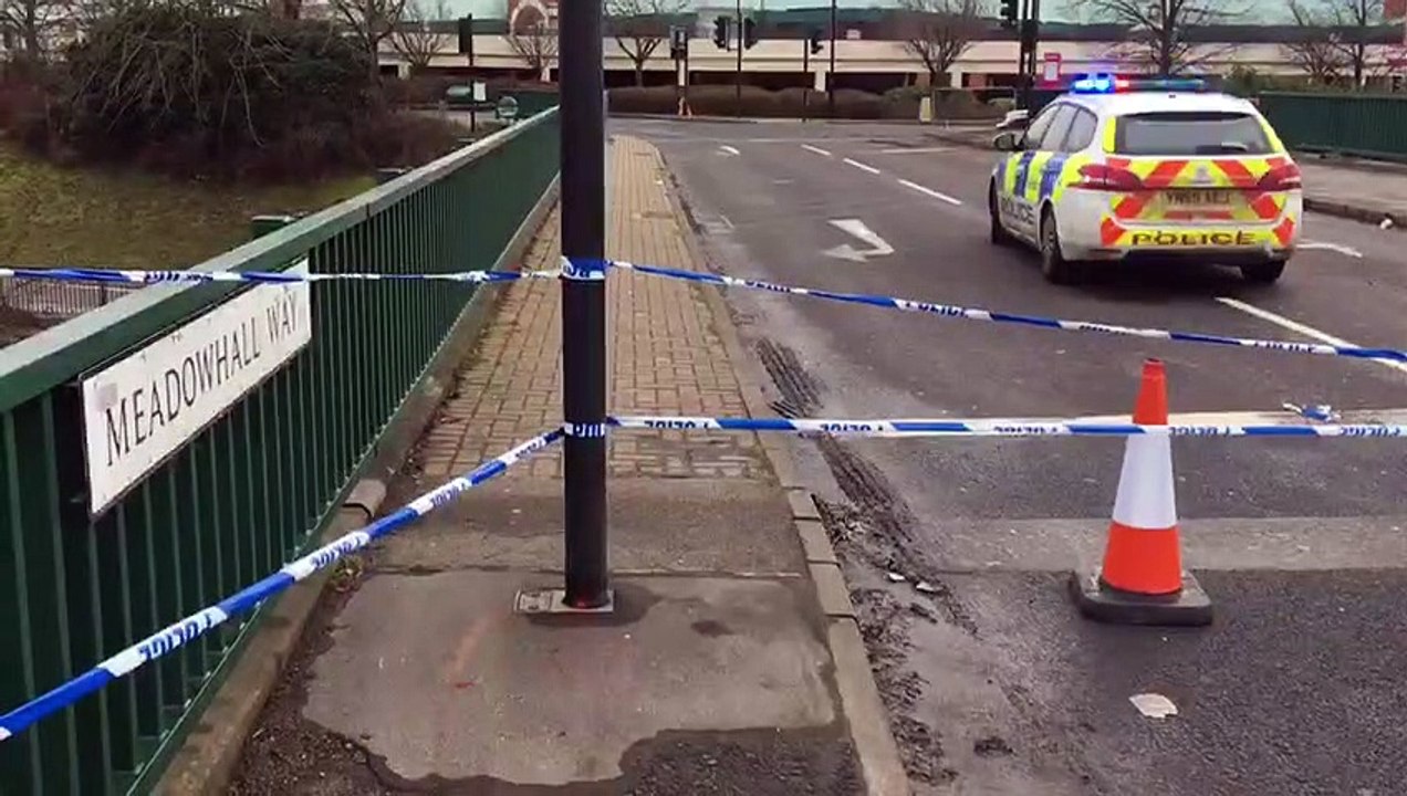 Police at the scene of a  fatal crash on Meadowhall Way in Sheffield.