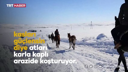 Atlar kar üstünde yarışlara hazırlanıyor