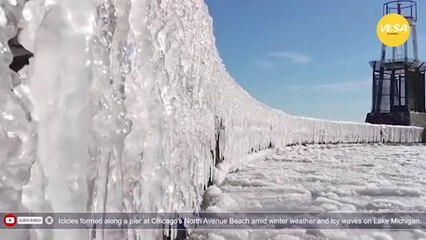 Icicles form amid icy waves on Lake Michigan