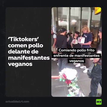 Comen pollo frito delante de manifestantes veganos
