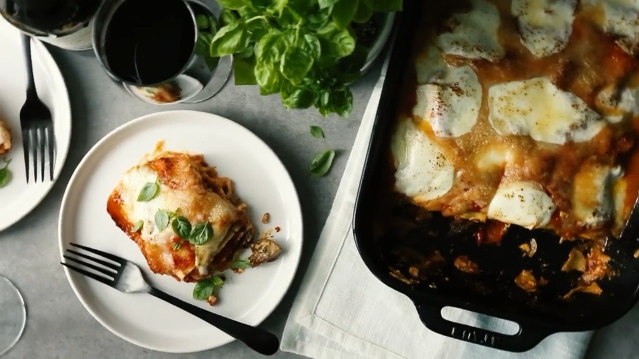 Three-Cheese Lasagna with Roasted Red Peppers and Mushrooms