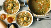 Chicken Pot Pie Soup with Puff Pastry Croutons