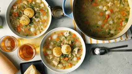 Chicken Pot Pie Soup with Puff Pastry Croutons