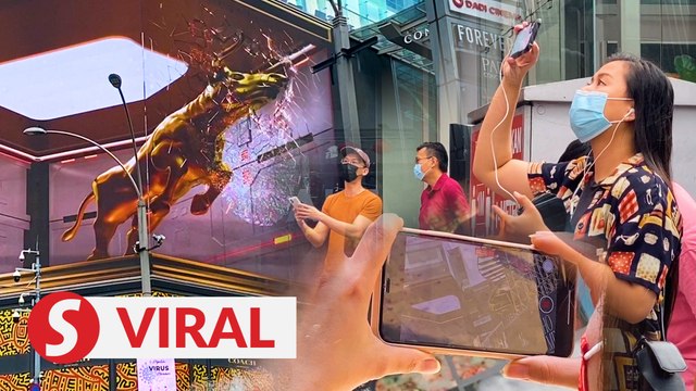 Ox-cellent display: Crowds gather outside mall to catch 3D bull animation