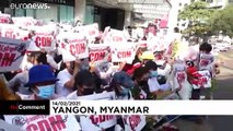 Hundreds protest against Myanmar coup outside Yangon shopping centre