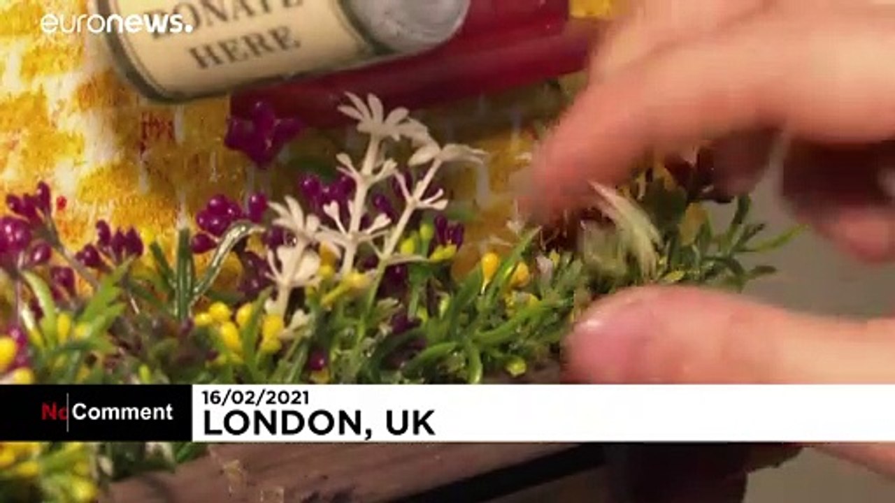 Boxes shaped like miniature shops used as food donation points