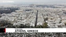 Drone footage captures the rare sight of snow in Athens