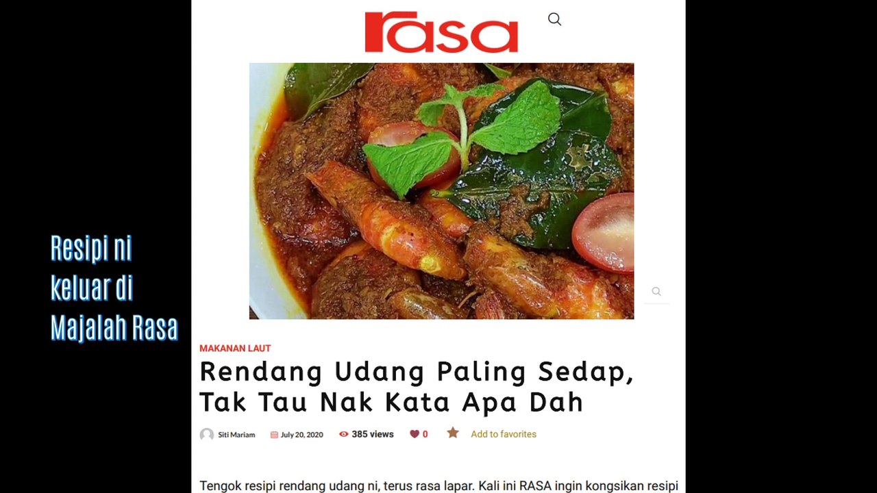 Resipi Rendang Udang ni ada keluar di Majalah Rasa