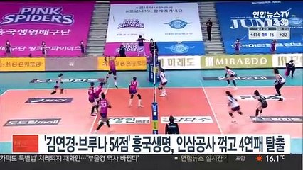 '김연경·브루나 54점' 흥국생명, 인삼공사 꺾고 4연패 탈출