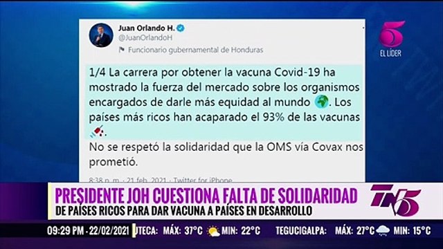 Presidente JOH Cuestiona falta de solidaridad de países ricos para dar vacunas a países en desarrollo