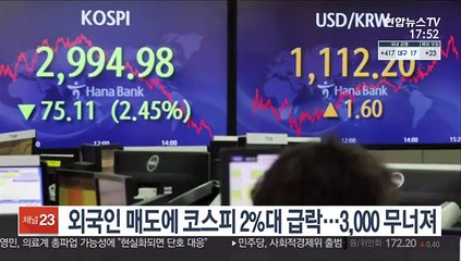 외국인 매도에 코스피 2%대 급락…3,000 무너져