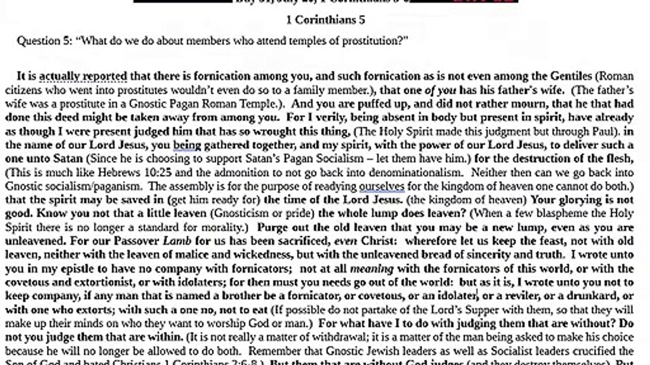1 Cor. 5. Question 5: “What do we do about deep state Satanists who want to worship God with us?”