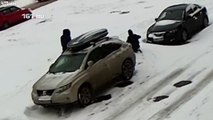 Child falls into a snow covered open manhole he climbed back