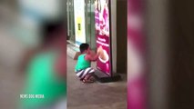 Boy caught on camera licking chicken advert on billboard as he waits outside restaurant