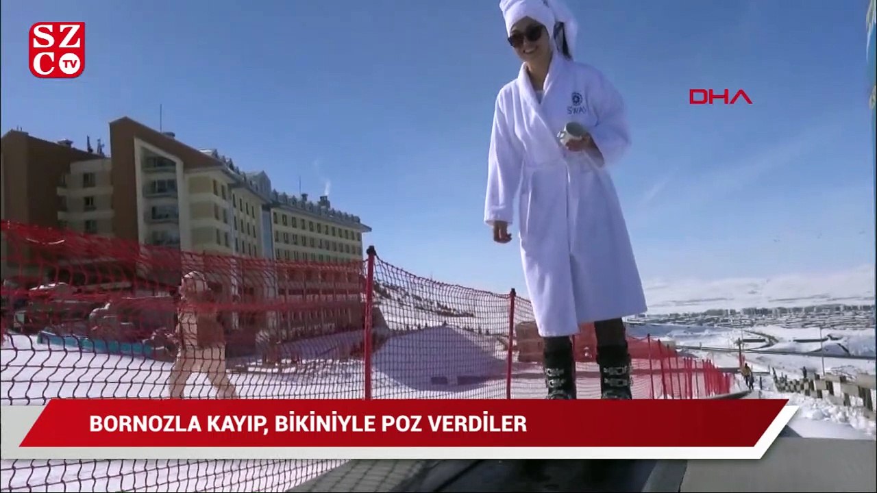Rus turistler, Palandöken'de bornozla kayıp, bikiniyle poz verdi