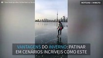 Jovem faz patinação no gelo no porto congelado de Toronto