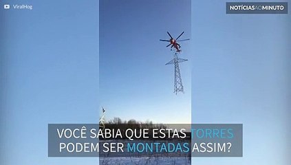 Torre de alta tensão é montada apenas com um helicóptero!
