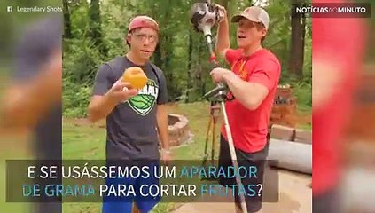 Super câmera lenta: aparador de grama destrói frutas