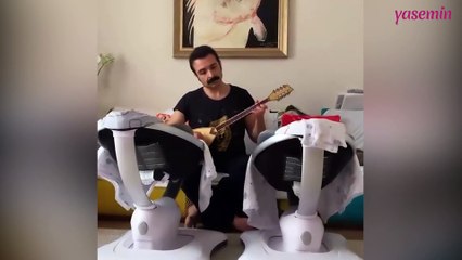 Eser Eyüboğlu'ndan ikizlerine saz eşliğinde müzik performansı!