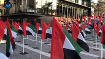 Celebrating UAE national day with hundreds of flags at Burj Plaza in Downtown Dubai