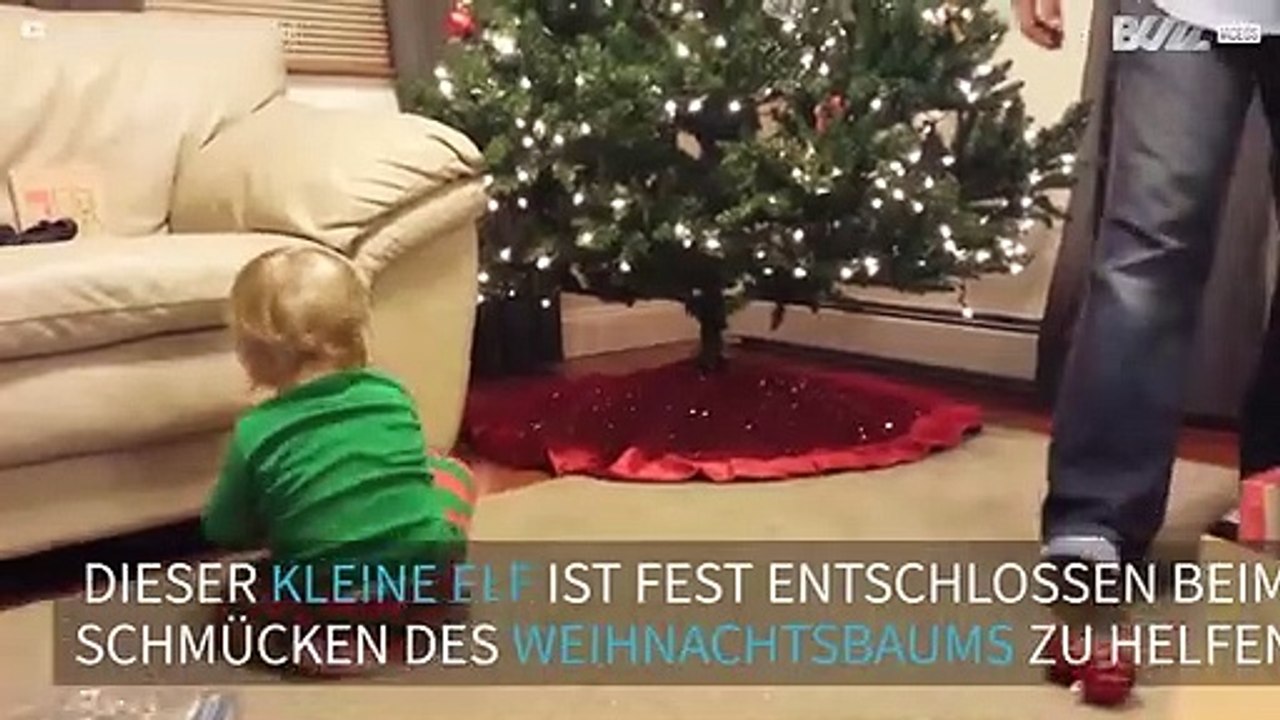 Baby Elf hilft den Christbaum zu schmücken