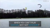 Kitesurfers enjoy themselves on a flooded soccer pitch
