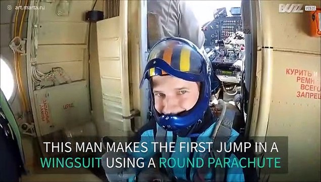 Man makes first wingsuit jump with round parachute