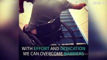 Handicapped athlete climbs up stairs in wheelchair