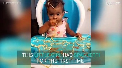 Girl makes a mess eating spaghetti for the first time