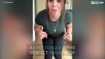 Girlfriend pranks boyfriend with fake tongue