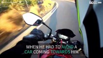 Motorcyclist narrowly avoids disaster with car driven in opposite direction!