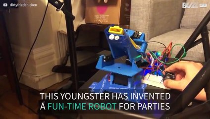 Guy invents robot that launches bottle tops into air