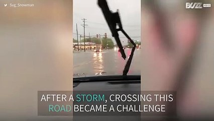 Driver takes the plunge and motors through floods