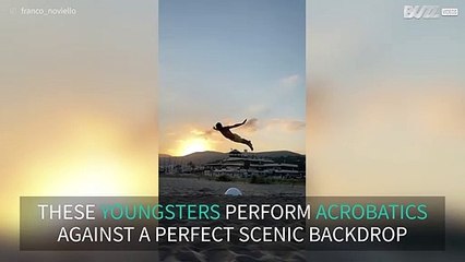Youngsters perform impressive acrobatic stunts on beach