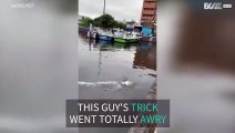 Skateboarder dives into river after failed trick