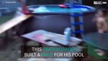 Skateboarder builds jump ramp for swimming pool