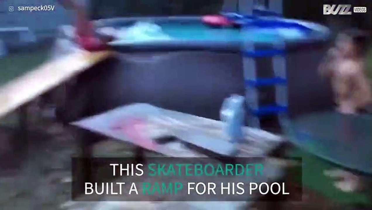 Skateboarder builds jump ramp for swimming pool