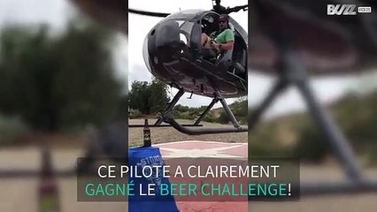 Il décapsule une bouteille à l'aide d'un hélicoptère