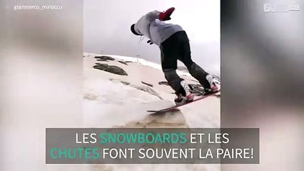 Un snowboardeur tombe deux fois essayant de réussir un saut impressionnant