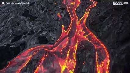 Droneopptak av lavaelver fra vulkanen Kilauea